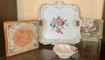 Meissen Porcelain Hand Painted Gilded Platter, Lance Munn Trivet, Casafina Portugal Small Bowl And Trivet