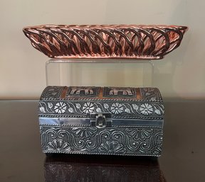 Silver And Copper Domed Jewelry Box, And Gold Ceramic Basket