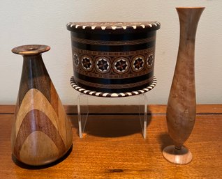 2- Mid Century Modern Wood Vase And Moorish Spain Arch Top Wood Inlaid Marquetry Box