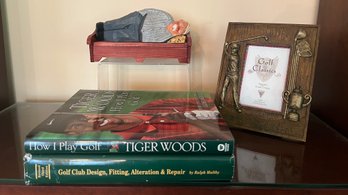 Golf Lot: Books, Frame, Letter Opener And A Resting Wood Statue