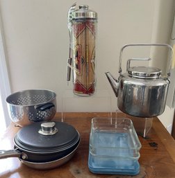 Tea Pot, Spaghetti Container, Poached Egg Pan, Strainer And Pan