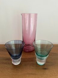 2-Green And Blue Smyers 'Corfu' Old Fashion Cocktail Glassware And Smyers Pink Pitcher