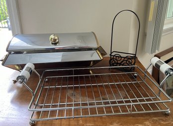 Vintage Anchor Hocking Mid Century Modern Chafing Dish, Salt/pepper Caddy, & Stainless Basket W/handles