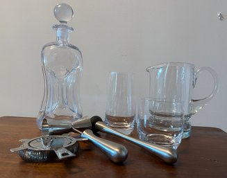 Bar Set: Decanter, Pitcher Glassware And Tools