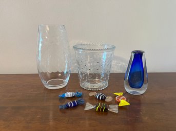 Blue Art Glass Vase, Popcorn Glass Ice Bucket, Murano Glass Candy, And Vase