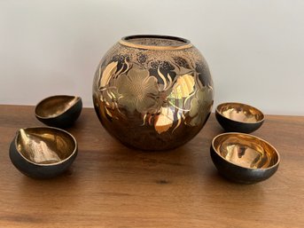 1970s Czechoslovakia Glass Fish Bowl Vase And 4 Gold And Black Serving Bowls