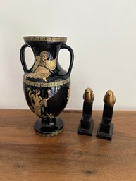 Greek 24kt Gold Painting Black Vase, And Wood Gold Birds On Black Stands