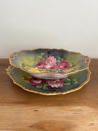 J.P. L France Hand Painted Bowl/platter Purple Flowers With Gold Trim