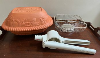 Clay Roaster, Silver Plate Fruit Bowl And Potato Ricer