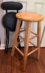 Wood Stool And Metal Fold Up Chair