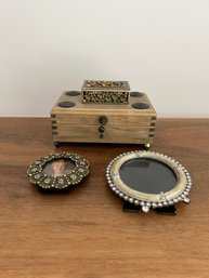 1 Metal Trinket Box, 1 Wood And 2 Circle Metal Frames