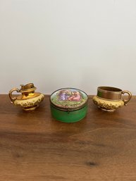 Vintage Evans Orange And Yellow Glass Smoking Set, Lighter/cigarette Cup, And Porcelain Powder Box