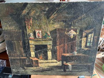 Signed Vintage Painting Kitchen Of Mantel