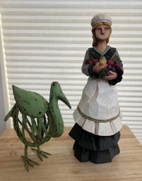 Wood Woman Pilgrim With Fruit And Metal Duck