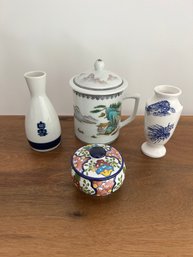 Mexican Pottery, Asian Vase, Blue White Vase With Sea Animals And Asian Tea Cup With Lid