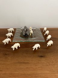 9-resin Elephants, 2 Poodle Figures And Glass Plate