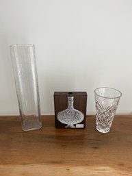 3- Vases: 2 Glass/Crystal And 1 Wood