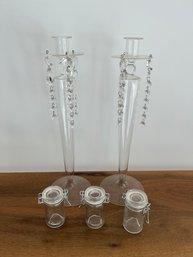 Glass Candle Holders And 3 Glass Lidded Jars