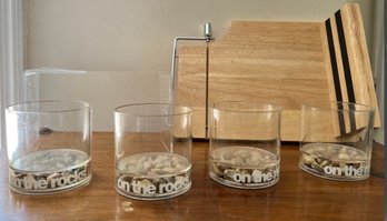 Wood Cheese Slicer,  And 4-plastic On The Rocks Glasses