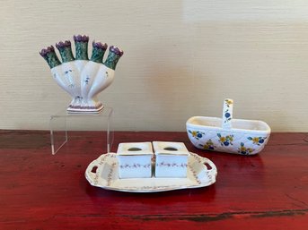 Elizabeth Arden Porcelain Basket, Finger Fan Bud Vase, And Ink Well