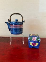 Blue & Pink Ceramic Glazed Teapot & C Sara Heart Box