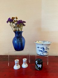 Delft Holland Blue And White Planter, Beacon Hill Lidded Jar, Blue Vase With Dried Flowers And Crowning Touch.