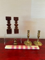 Candle Holders:wood And Brass. Taper Candles