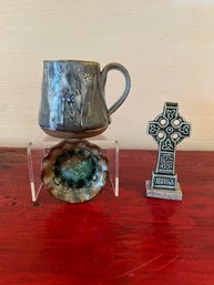Pottery Mug, Celtic Cross And Trinket Dish