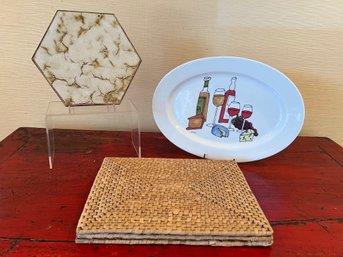 Wine And Cheese By Ursula Dodge Platter, Terracotta Trivet, And 3 Weaved Placemats/trivets