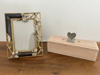 Meryl Waitz Wood Box With Metal Heart And Flower Brass Picture Frame