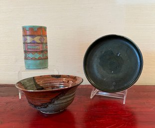 Pottery Vase, Bowl And Plate