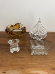 Czech Skrdlovice MCM Clear Bowl, Crystal Candy Dish, Crystal Trinket Box And Crystal Candle Holder