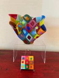 Signed Colorful Ruffle Tea Light Vase And Capiz Shell Colorful Trinket Box