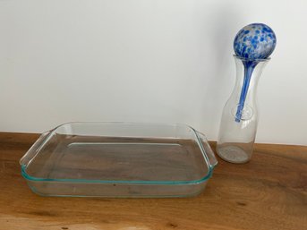 Pyrex Casserole, Glass Water Jug And Glass Globe Watering Stick