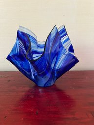 Blown Art Glass Handkerchief Vase Cobalt Blue Swirl Tea Light Holder