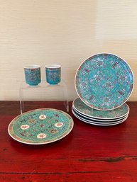 1960s Green And Pink Chinese Chinoiserie Porcelain Plates And Cups