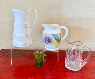 Deruta Pottery Pitcher, Crystal, Green Bubble Creamer And Tall White