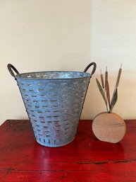 Aluminum Basket And Rustic Wood Vase With Wood Cattail Arrangement