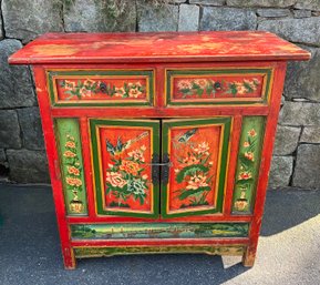 Late 19th Century Antique Chinese Hand Painted Elmwood Cabinet