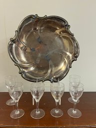Six Etched Grape Design Cordial Glasses And Silver Plated Footed Tray