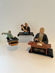 Vintage Japanese Hakata Urasaki Doll, Man Writing, Japanese Man Holding Scroll & Tai Chi Mudman On Stand