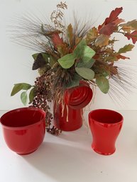 Red Planters & Mix Of Dried & Faux Foliage