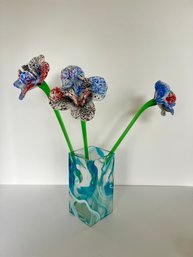 3-Glass Blown Flowers And Blue Swirl Vase