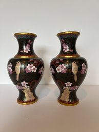 2- Chinese Cloisonne Vase Bronze Brass Copper Enamel Black Vase