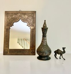 Brass Moraccan Mirror, Brass  Islamic Damascus Eastern Inlaid Vase And Brass Camel
