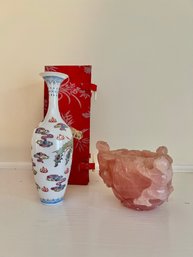 Carved Rose Quart Candle Holder And Chinese Vase