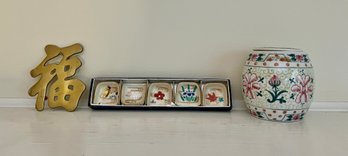 Vintage Japanese Spoon Rests Boxed Set Pottery, Chinese Mini Ginger Jar And Brass Good Luck Wall Art
