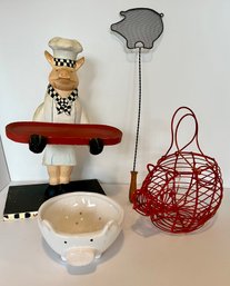 Pig Wired Basket, Pig Fly Swatted, Ceramic Pig Colander And Wood Pig Serving Tray