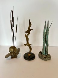 Sadek Modernist Seagull Brass Sculpture Marble Base, MCM Modern Metal Cattails & Carnevale Metal Grass Planter