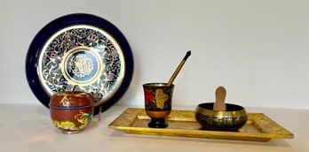 Vintage Cloisonne Apple Trinket Box, Russian Khokhloma Wood Cup/spoon, Tibetan Singing Bowl, & More